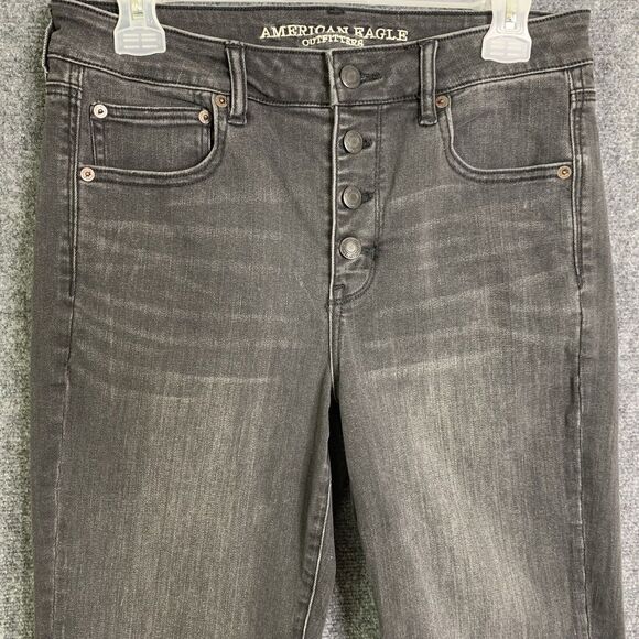 American Eagle Outfitters Black Denim Jeans Women 12 Long Hi- Rise Crop Flare - Picture 2 of 12